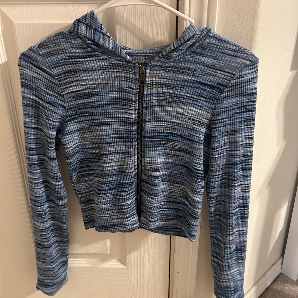 Blue striped hooded zip up
